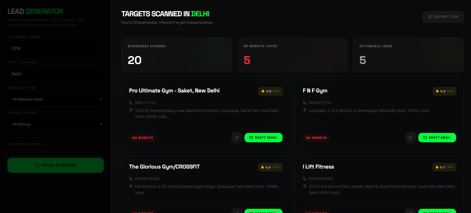 BSG AI Lead Generator dashboard showing extracted verified local business cards