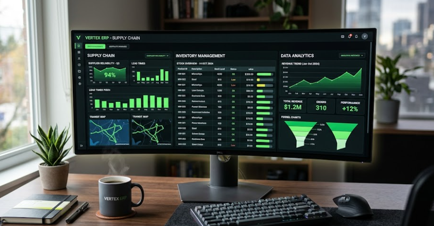 Custom ERP Software Dashboard showing analytics and operational data